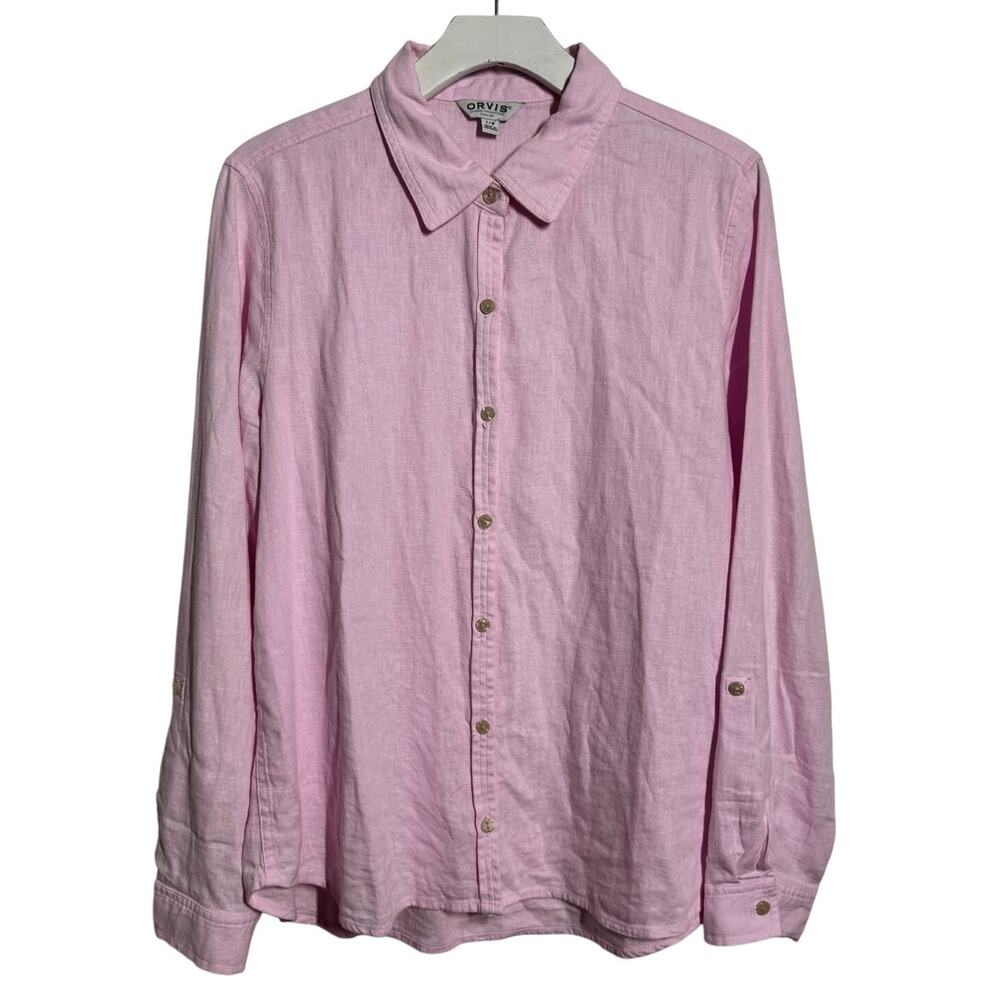 Orvis Linen Button Up Top Women L‎ Pink Grandmacore Cottagecore Coastal Beach